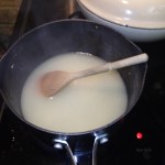 Add Celery Water, Stir Over Medium Heat, Add Salt, 100 ml Milk and Lemon&nbsp;Juice