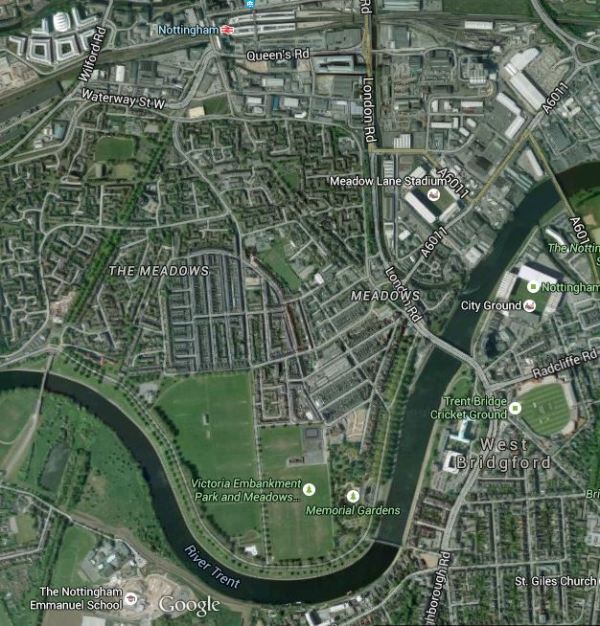 Nottingham Station, The River Trent And Sports Grounds